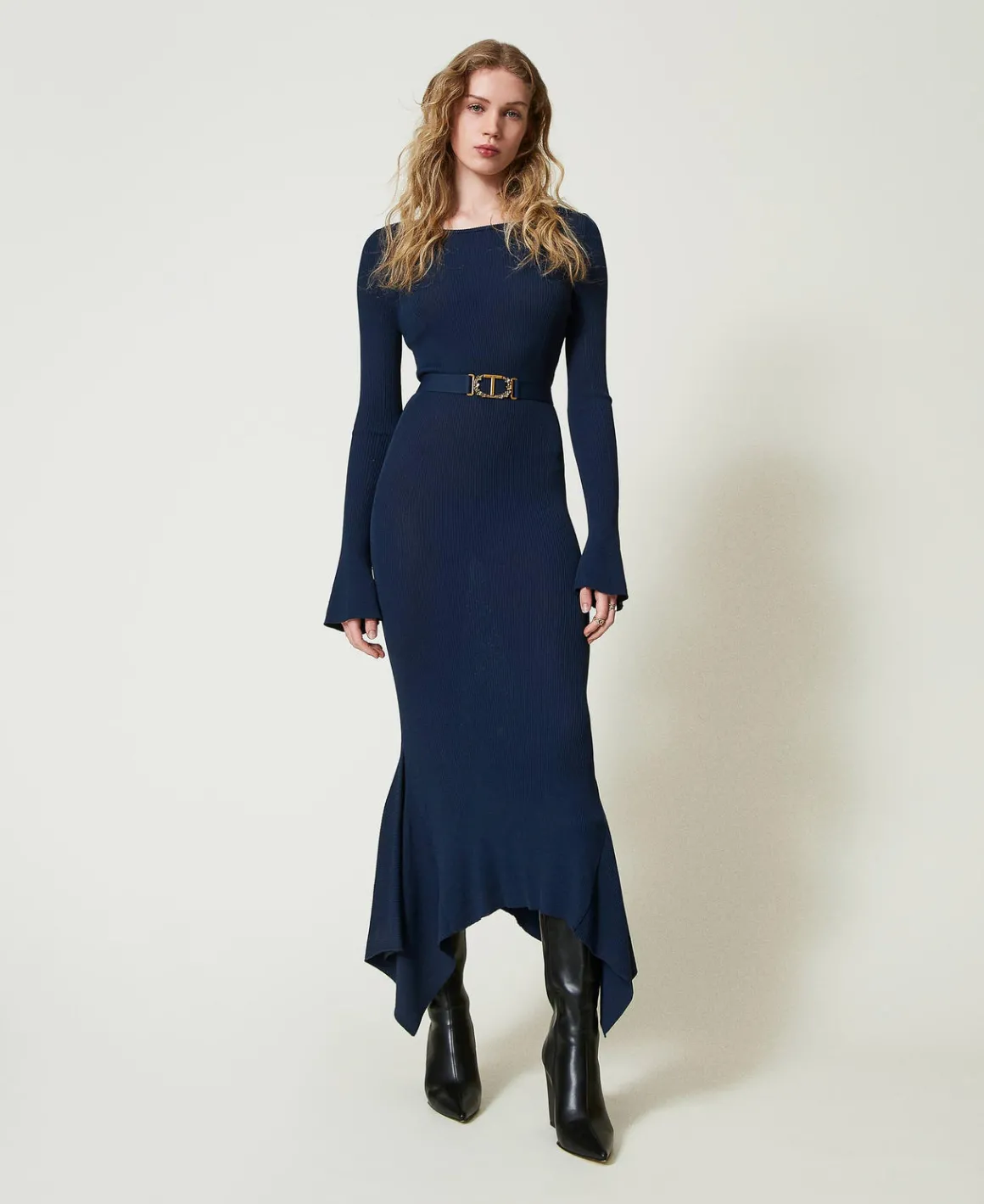TWINSET Milano Abito Longuette In Maglia Con Cintura E Volant | Vestiti Da Cerimonia | Vestiti Eleganti