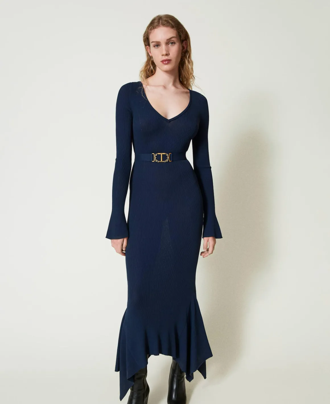 TWINSET Milano Abito Longuette In Maglia Con Cintura E Volant | Vestiti Da Cerimonia | Vestiti Eleganti
