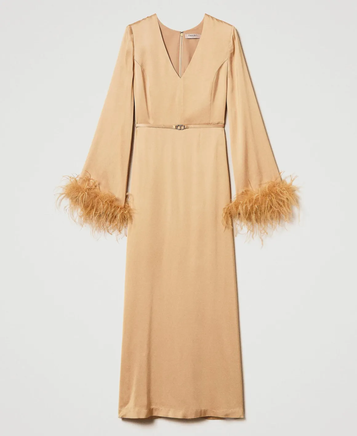 TWINSET Milano Abito Lungo In Raso Con Piume | Vestiti Da Cerimonia | Vestiti Eleganti