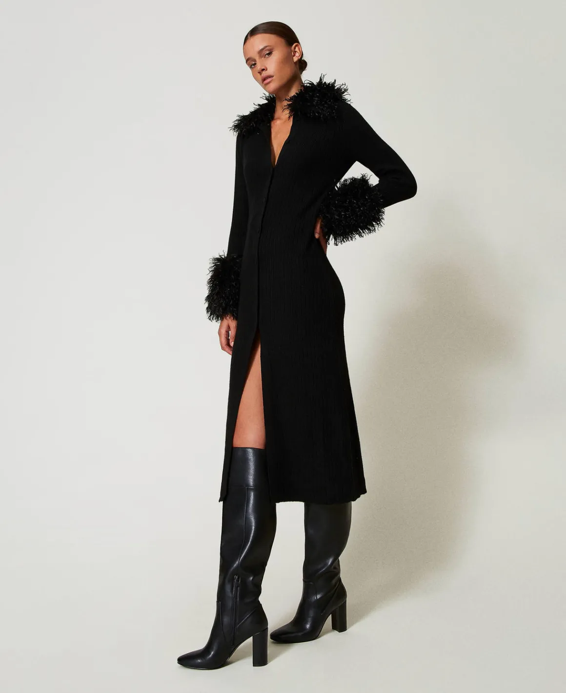 TWINSET Milano Abito-cardigan Lungo In Misto Lana E Faux Fur | Maglie E Cardigan | Vestiti Da Cerimonia