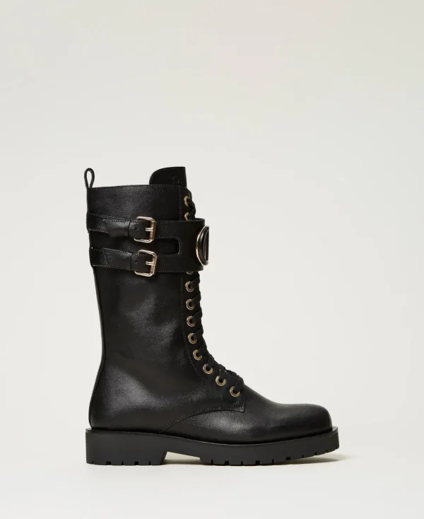 TWINSET Milano Anfibi Alti In Pelle Con Oval T | Scarpe Basse | Anfibi