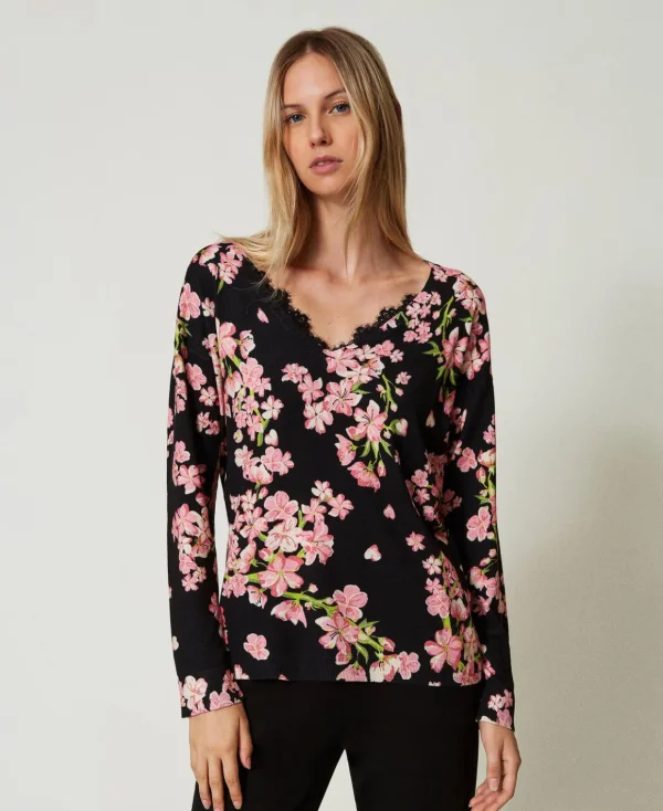 TWINSET Milano Maglia Con Stampa A Fiori E Pizzo | Maglie E Cardigan