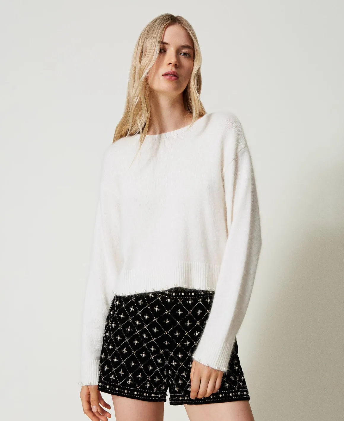 TWINSET Milano Maglia Cropped In Misto Angora Con Perle | Maglie E Cardigan