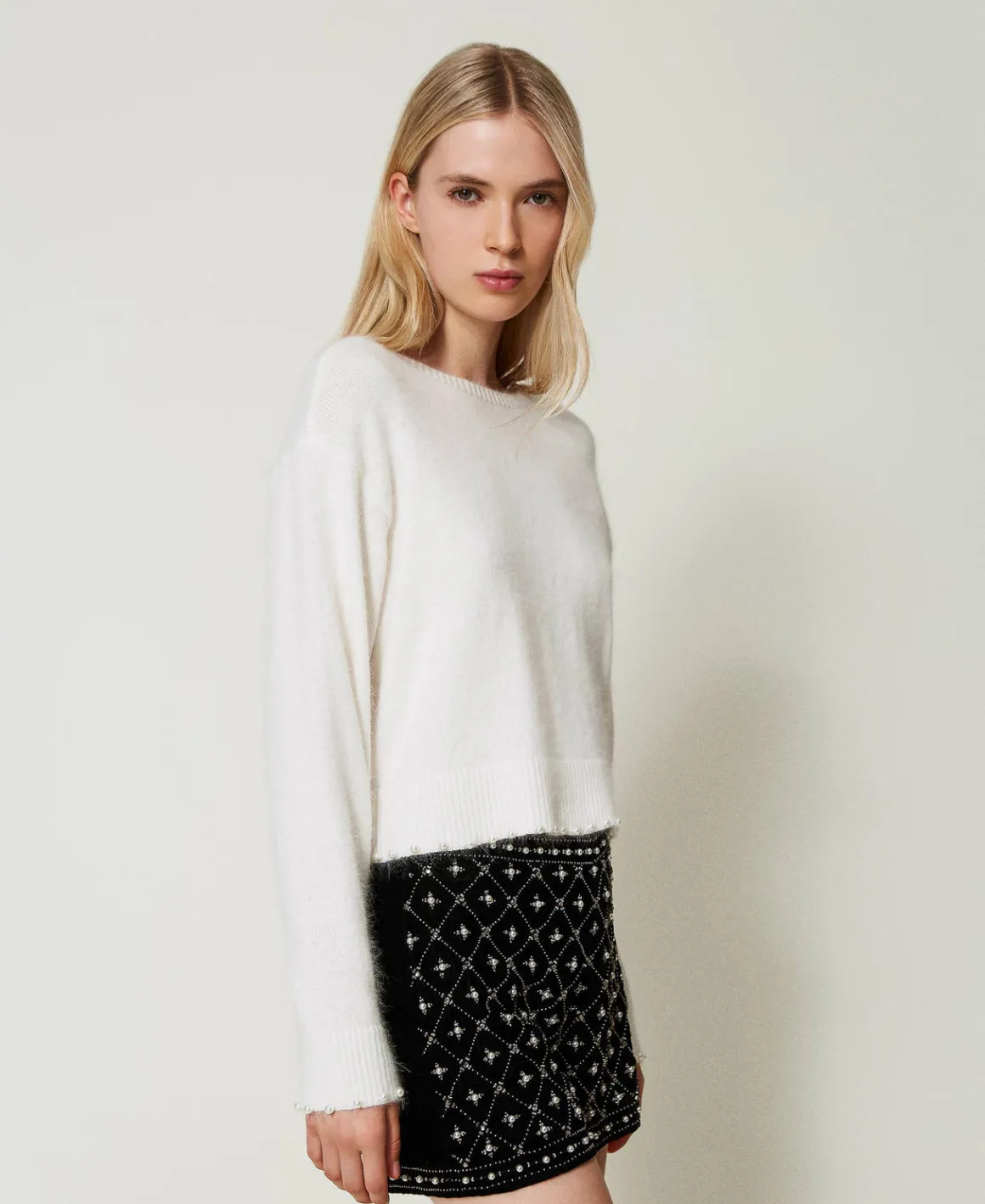 TWINSET Milano Maglia Cropped In Misto Angora Con Perle | Maglie E Cardigan