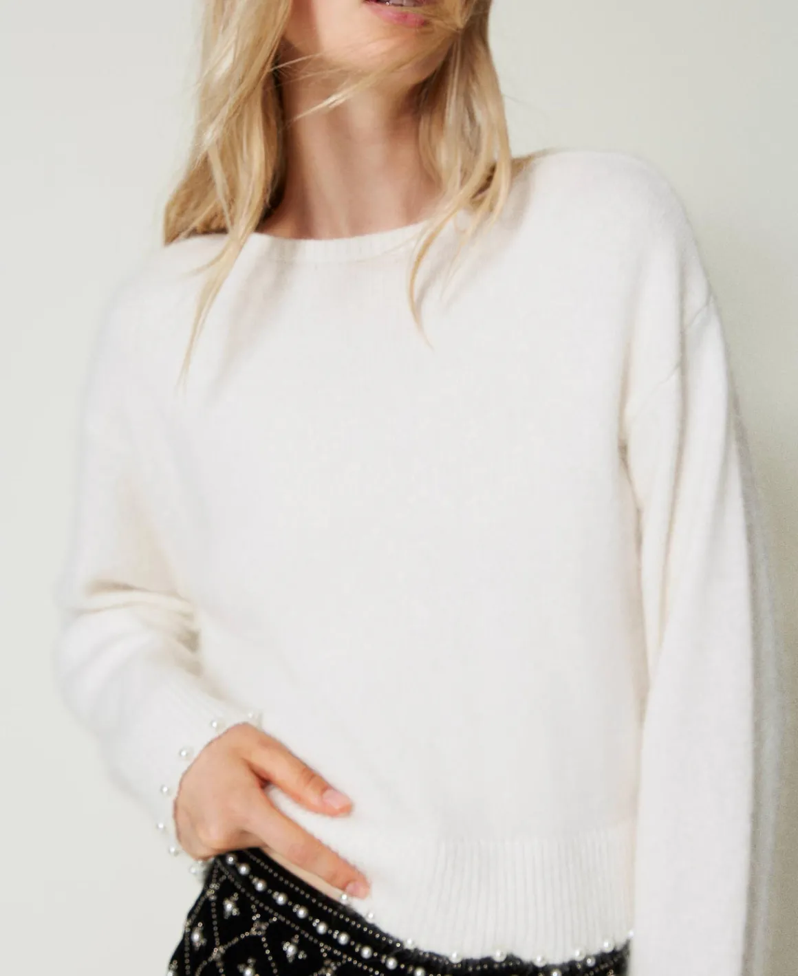 TWINSET Milano Maglia Cropped In Misto Angora Con Perle | Maglie E Cardigan