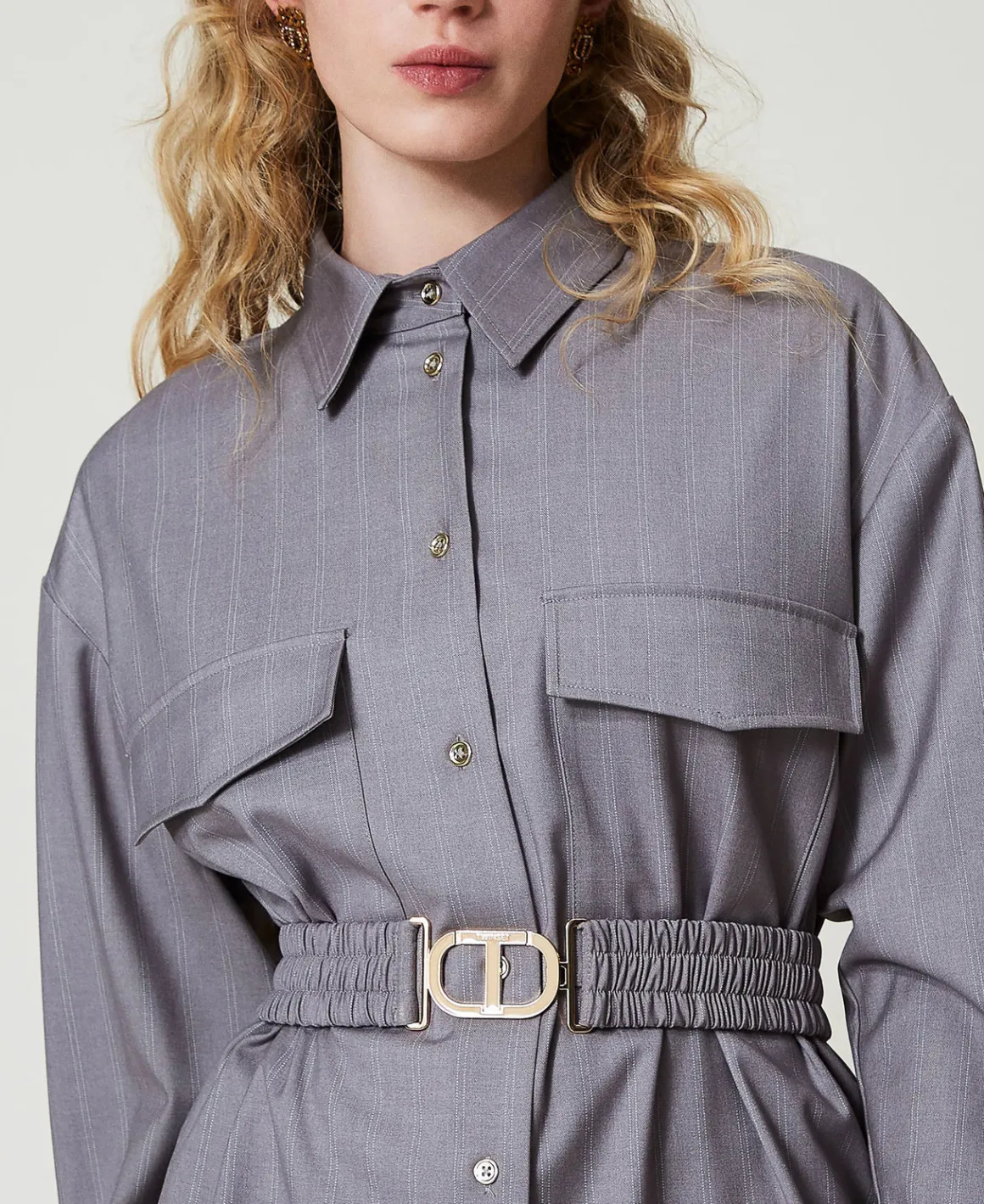 TWINSET Milano Maxi Camicia Gessata Con Cintura | Bluse E Camicie