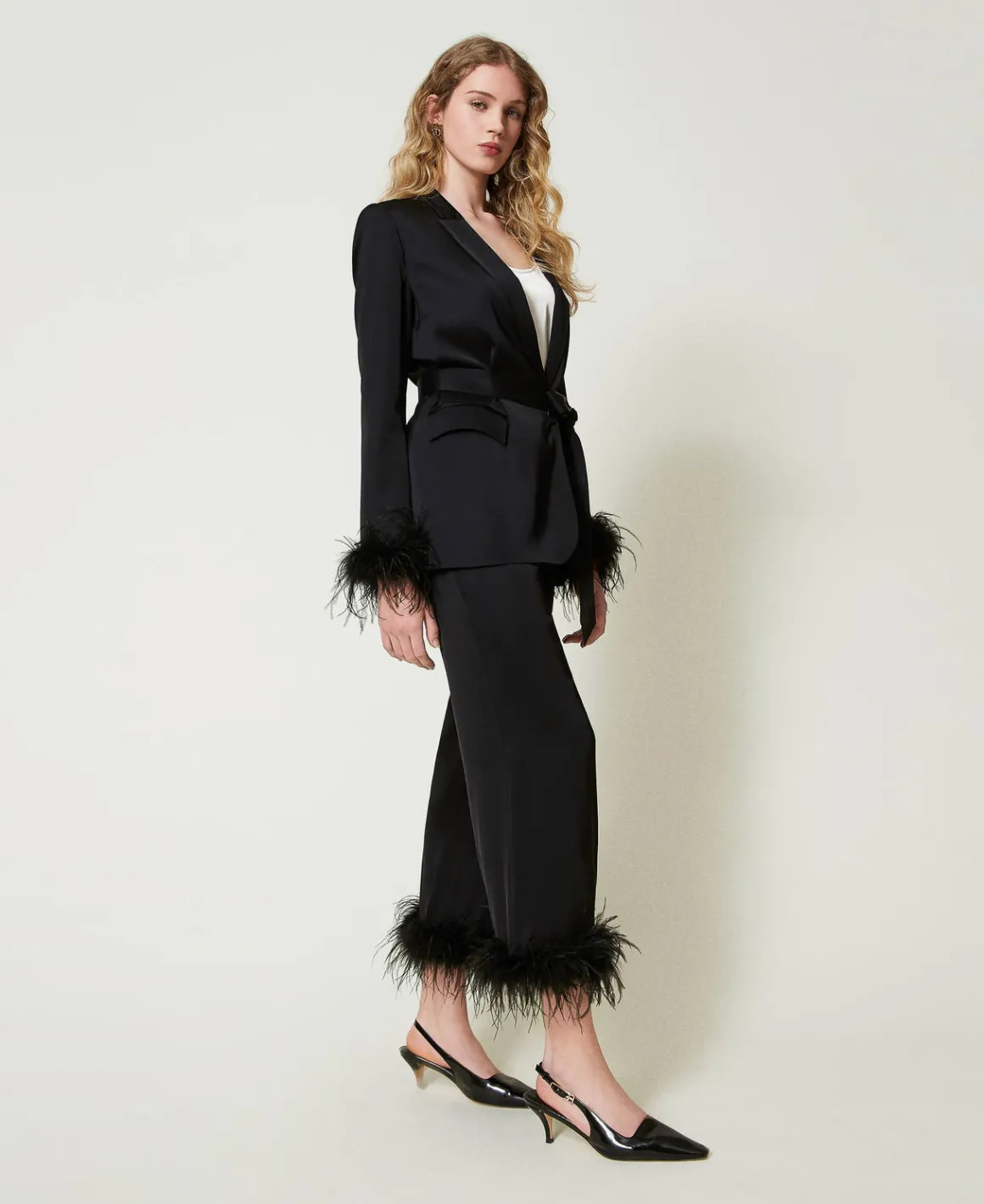 TWINSET Milano Pantaloni In Raso Con Piume | Pantaloni Eleganti | Pantaloni Dritti E A Sigaretta
