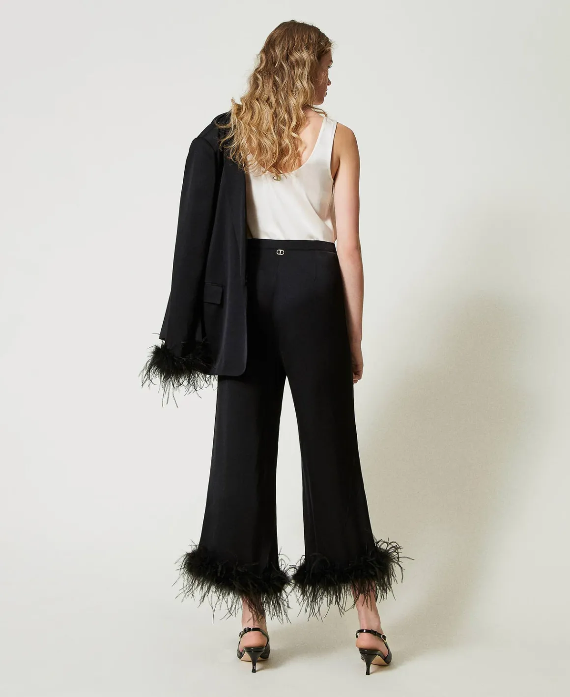 TWINSET Milano Pantaloni In Raso Con Piume | Pantaloni Eleganti | Pantaloni Dritti E A Sigaretta