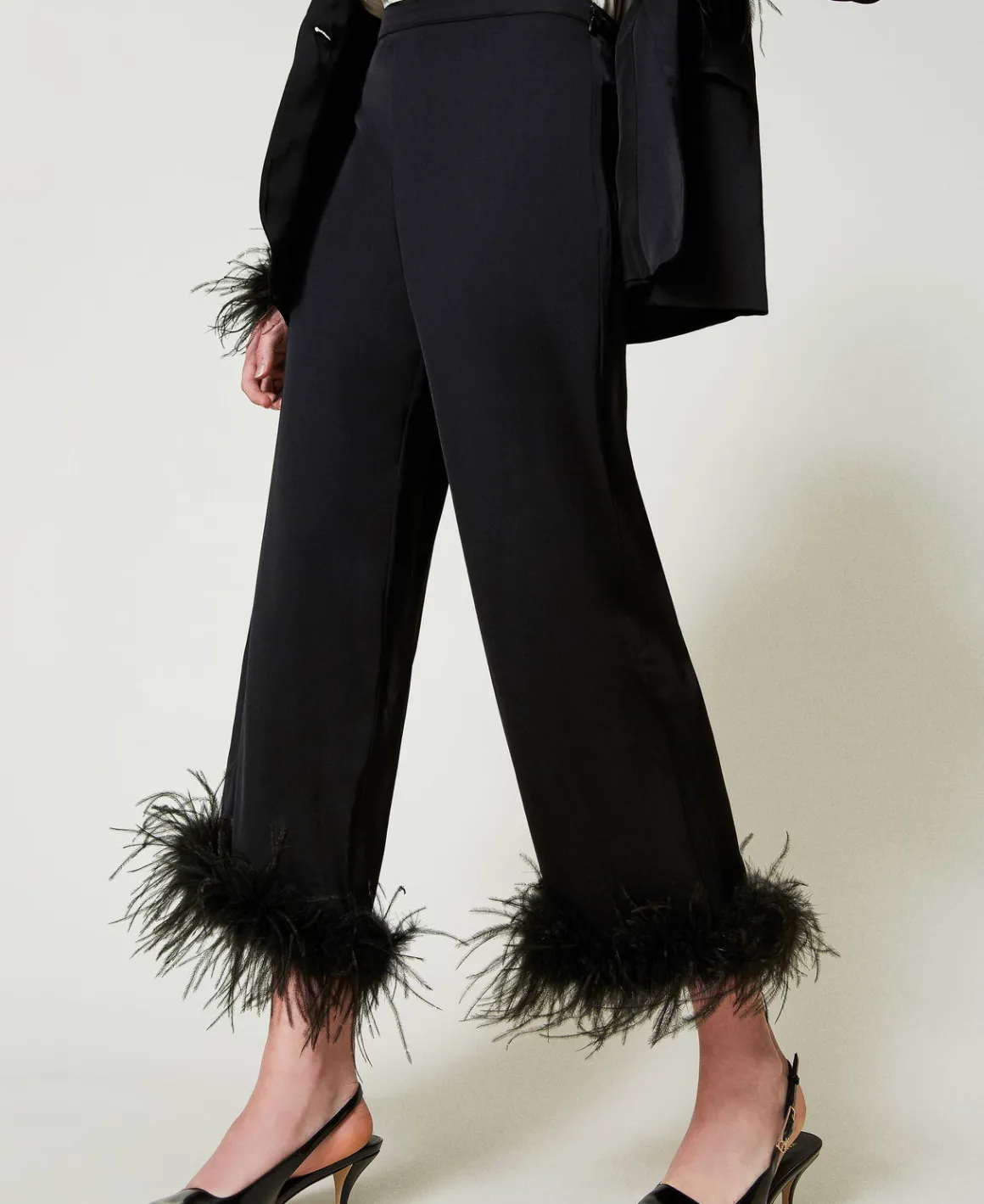 TWINSET Milano Pantaloni In Raso Con Piume | Pantaloni Eleganti | Pantaloni Dritti E A Sigaretta