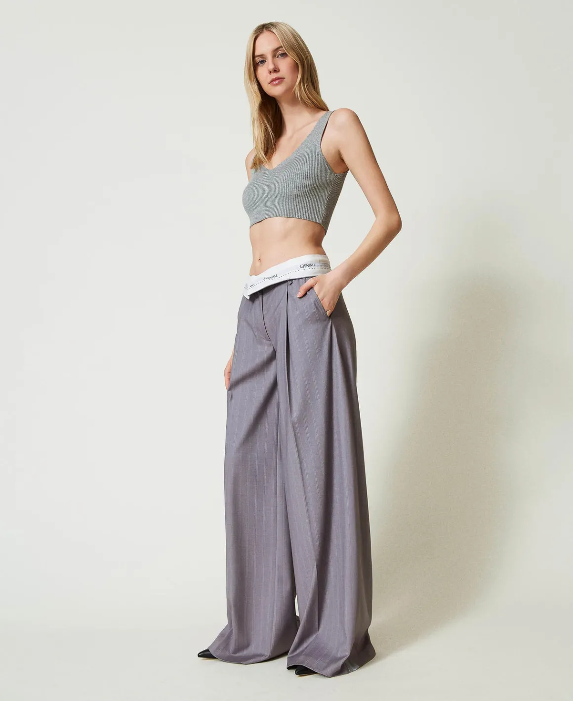 TWINSET Milano Pantaloni Wide Leg Gessati Con Risvolto | Pantaloni Eleganti | Pantaloni Ampi E A Palazzo