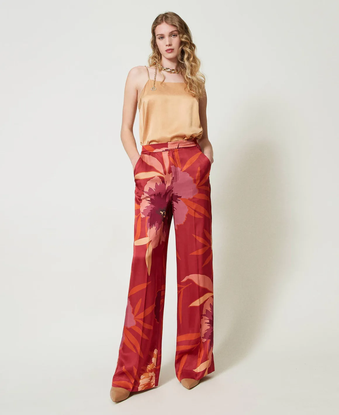 TWINSET Milano Pantaloni Wide Leg In Raso A Fiori | Pantaloni Ampi E A Palazzo