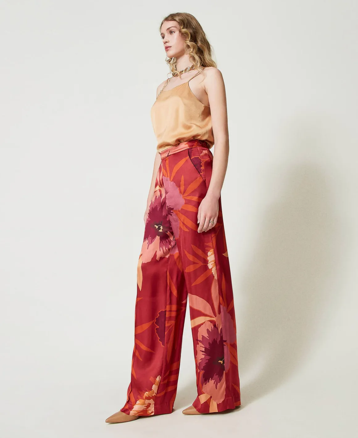 TWINSET Milano Pantaloni Wide Leg In Raso A Fiori | Pantaloni Ampi E A Palazzo